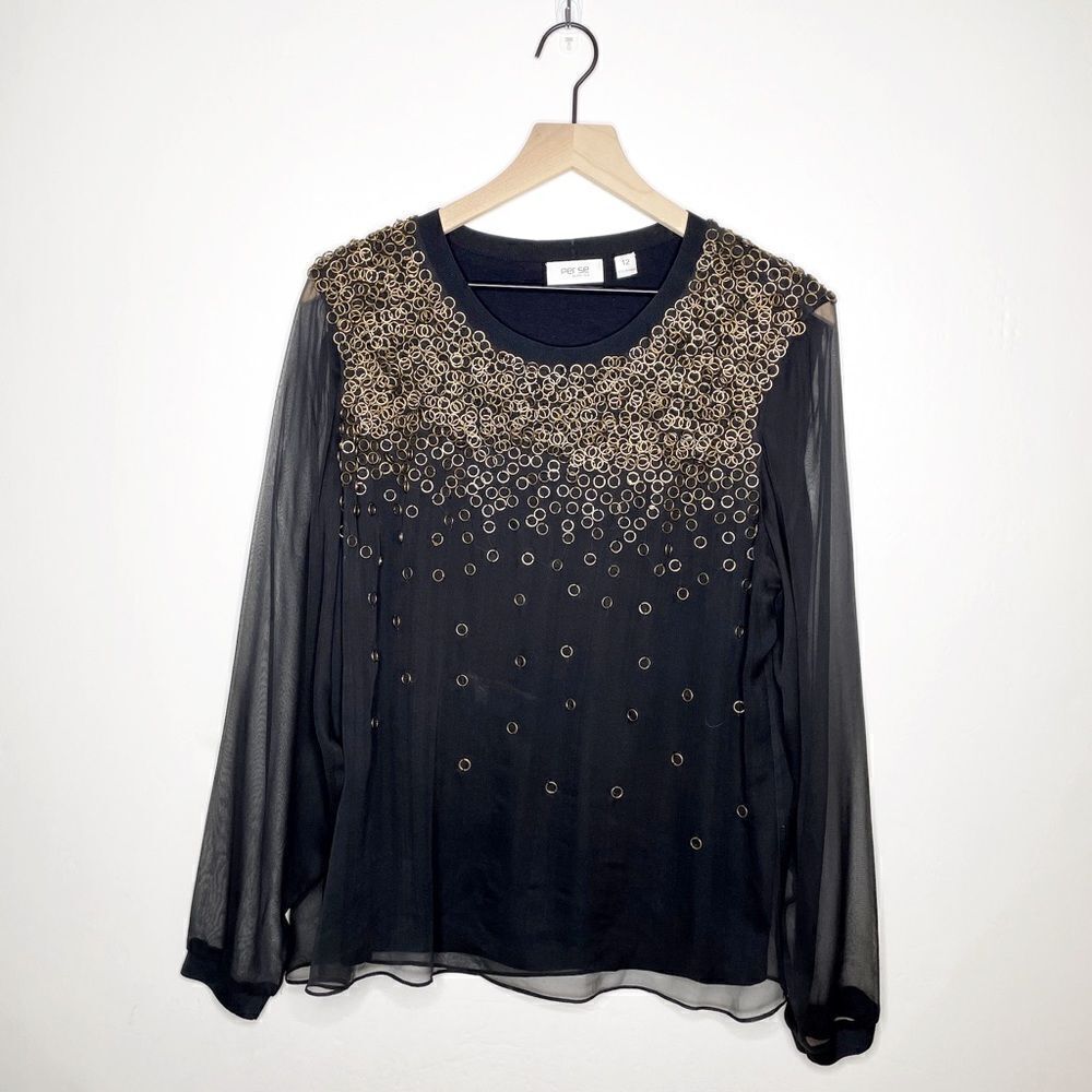Per Se by Carlisle Ring Embellished Organza Sleeve Silk Blouse Black Size 12